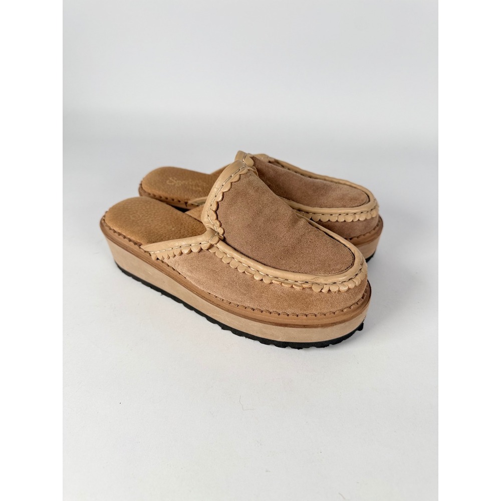 Seychelles Tan Suede Scalloped Platform Mules Clogs Tan‎ Leather Trim 6.5